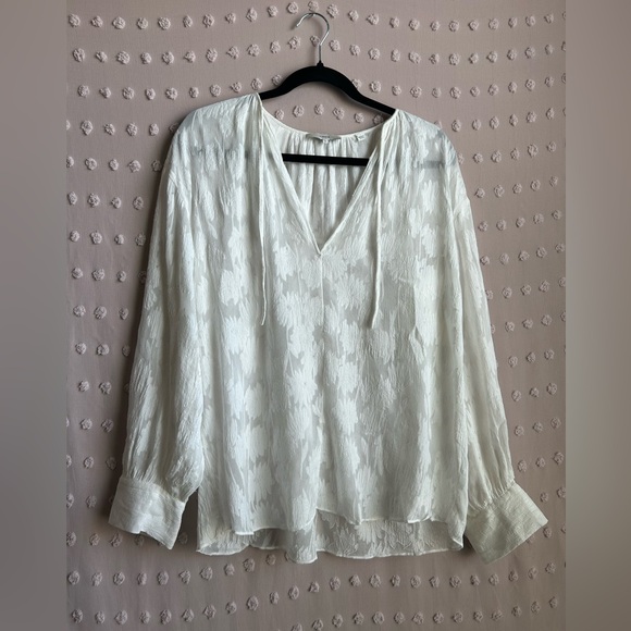 Vince Silk Cotton Blend Floral Sheer Long Sleeve Tie Neck Blouse Sz M White - Picture 1 of 6
